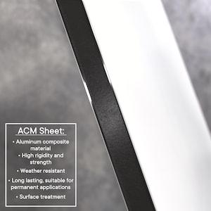 May include: Close-up of an ACM sheet with a black edge and a white surface. The text on the image reads: Aluminum composite material, high rigidity and strength, weather resistant, long lasting, suitable for permanent applications, and surface treatment.