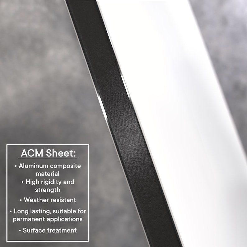 May include: Close-up of an ACM sheet with a black edge and a white surface. The text on the image reads: Aluminum composite material, high rigidity and strength, weather resistant, long lasting, suitable for permanent applications, and surface treatment.