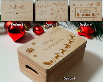 Grande boîte de réveillon de Noël personnalisée en bois de pin massif Grand sapin de Noël pour enfants, père Noël et renne