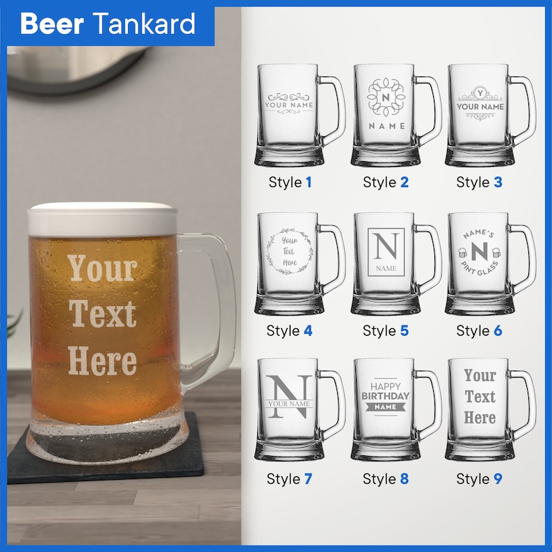 Personalised Glass Multiple Designs & Glass Types Wine Glass, Pint, and Beer, Whiskey, Champagne, Gin, Latte Engraved Personalized Gifts Beer Tankard