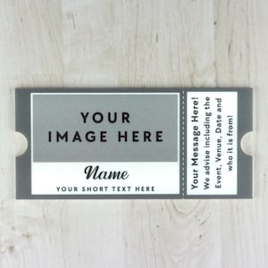 May include: A gray and white ticket template with a place to add a photo, text, and a short message. The text on the ticket reads "Your Image Here", "Your Short Text Here", and "Name". The text on the right side of the ticket reads "Your Message Here! We advise including the Event, Venue, Date and who it is from!"