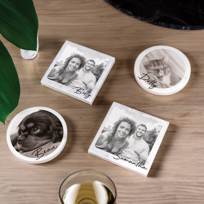 Personalised Coaster Customised Marble Stone Coaster Set Any Text and Your Own Image Photo Coaster image 1