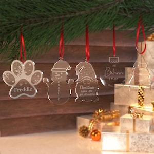 Personalised Christmas Tree Ornament Engraved Clear Bauble Customised Hanging Tree Decoration Gonk, Snowman, Paw, Dog Ornament