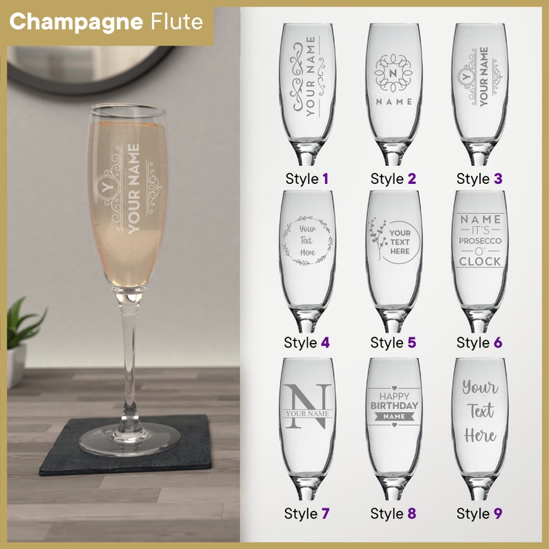 Personalised Glass Multiple Designs & Glass Types Wine Glass, Pint, and Beer, Whiskey, Champagne, Gin, Latte Engraved Personalized Gifts Champagne Flute