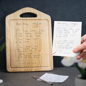 Może przedstawiać: Drewniana deska do krojenia z ręcznie napisanym przepisem na muffiny z borówkami. Przepis zawiera takie składniki jak mąka, proszek do pieczenia, cukier, masło, mleko, jajka i ekstrakt waniliowy. Przepis zawiera również instrukcje dotyczące czasu pieczenia i temperatury.