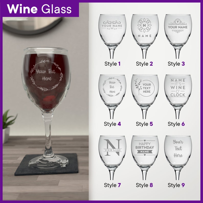 Personalised Glass Multiple Designs & Glass Types Wine Glass, Pint, and Beer, Whiskey, Champagne, Gin, Latte Engraved Personalized Gifts Wine Glass