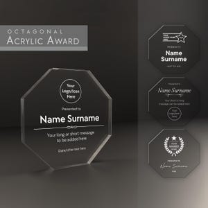 Personalised Octagon Glass Award Engraved Glass Acrylic Freestanding Plaque Trophy Corporate Gift Award Ceremony Personal Sentiment Ornament