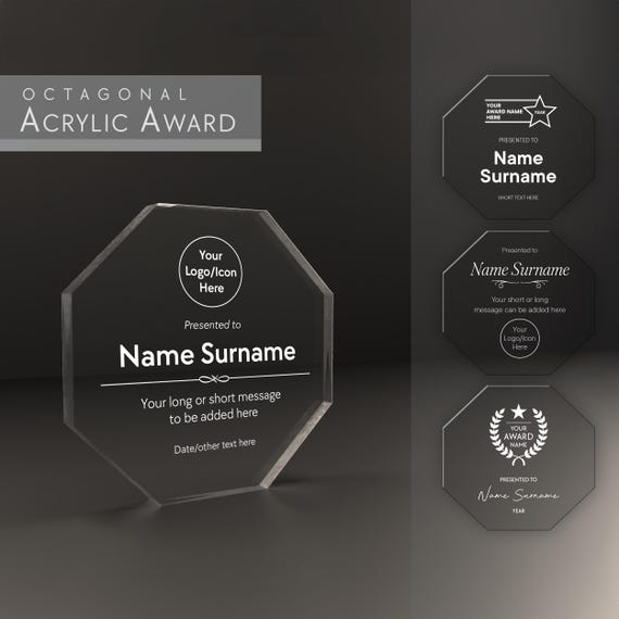 Personalised Octagon Glass Award Engraved Glass Acrylic Freestanding Plaque Trophy Corporate Gift Award Ceremony Personal Sentiment Ornament