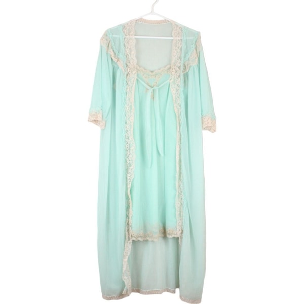 Vintage Elsser Peignoir Set Mint Green White Nylon Lace Robe Nightgown Small Boudoir Retro