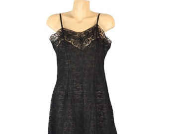 Vintage Black Lace Slip Dress Lined Large Sheer Bust V Neck Vintage-Size 44 Ruffles Floral Pattern Semi Sheer