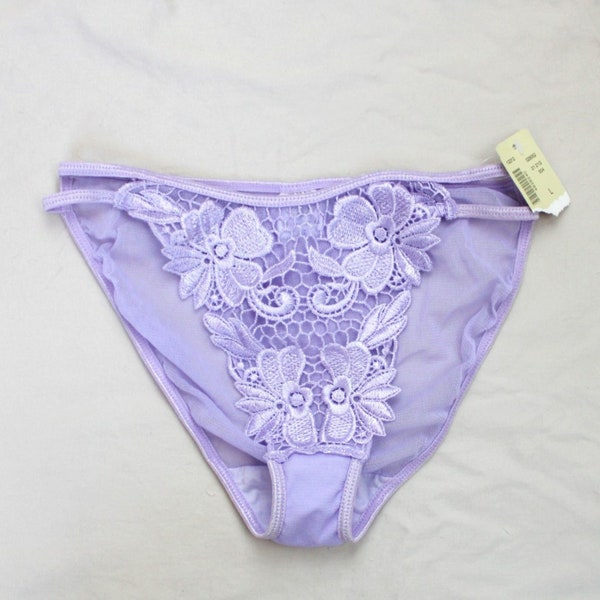 La Vie en Rose violet Panties vintage 1990s NWT crochet flowers Midrise, Sexy, Purple Lingerie, Gift for Wife, underwear, Semi Sheer