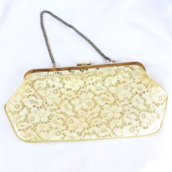 Vintage Plastic Gold and White Lace Clutch, Vinta… - image 4