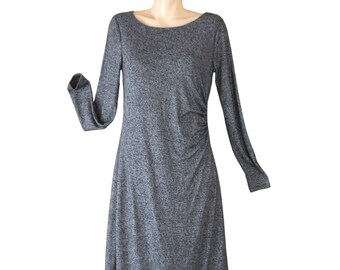 Loft Knit Asymmetrical Cinch Dress Dark Grey Gray Small Long Sleeve Midi Scoop Neck Knee Length Sheath