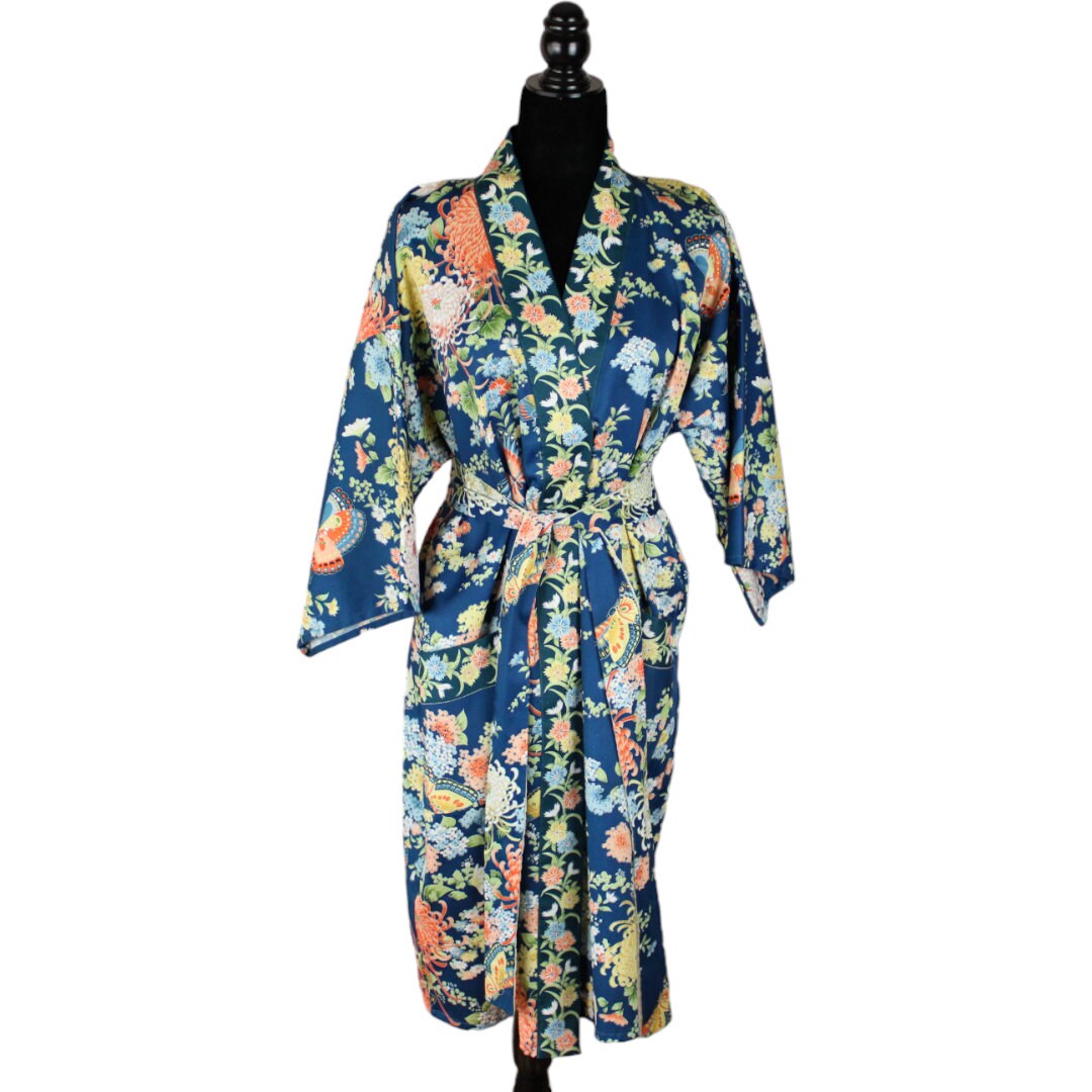 Vintage Blue Floral & Butterfly Kimono Robe Japan Pockets Sash Belt One ...