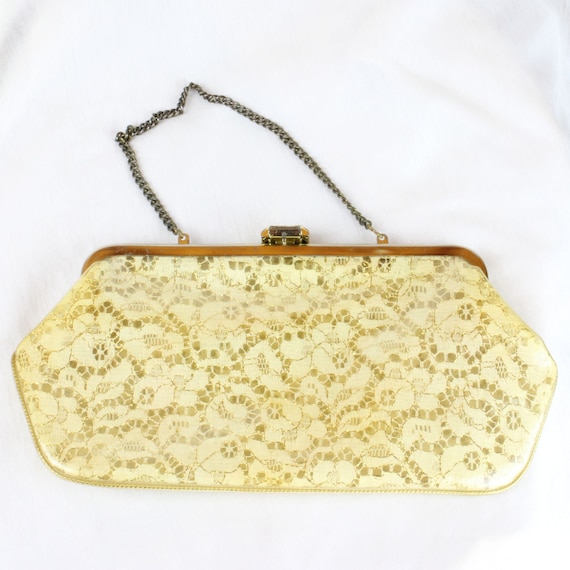 Vintage Plastic Gold and White Lace Clutch, Vinta… - image 1