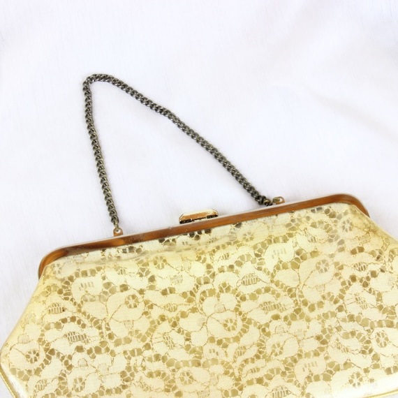 Vintage Plastic Gold and White Lace Clutch, Vinta… - image 5