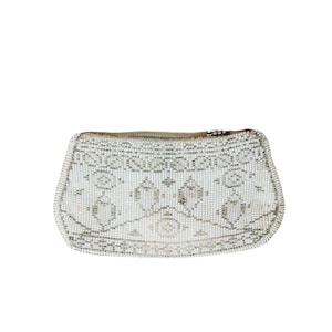 Cartera de mano vintage con cuentas, cuatro pájaros, blanco y plateado, cierre de cremallera