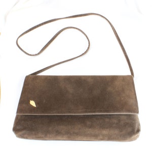 vintage Cabrelli Clutch Sac à main en faux suède Sac à bandoulière avec rabat Fermeture à pression marron avec feuille dorée