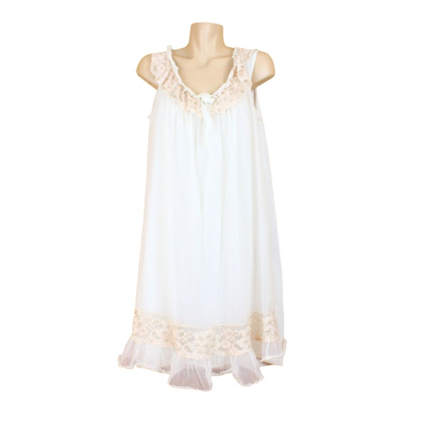 Vintage Cream Nightgown Medium Nylon Lace Lined Ruffles Sleeveless