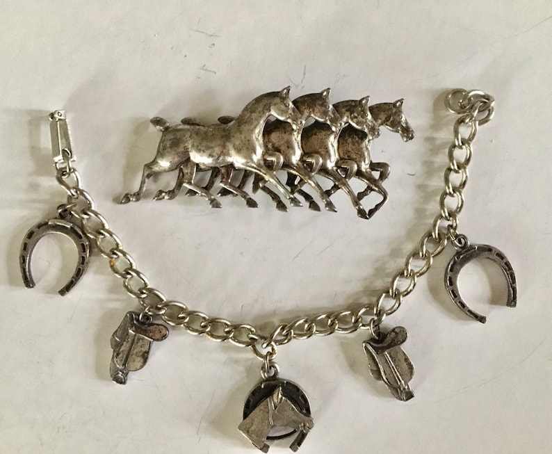 Vintage Equestrian Charm Bracelet and Galloping Horse Brooch Pin
