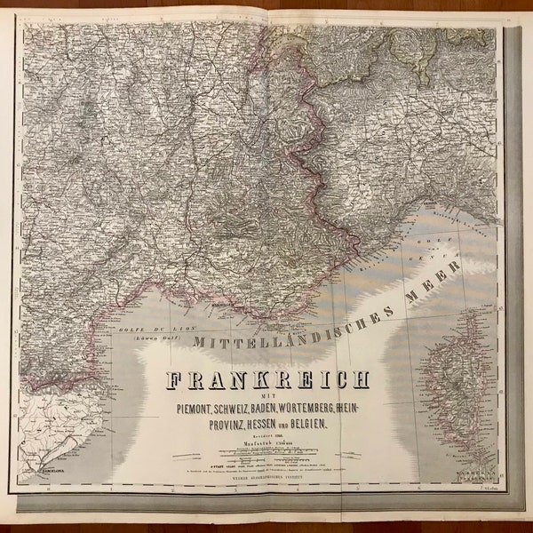 Frankreich (France) Original Antique Map Print 1872