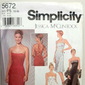 May include: Simplicity sewing pattern 5672 for Jessica McClintock dresses in size P5, 12-20. The envelope displays illustrations of four strapless or halter-style dresses in red, black, white with polka dots, and white with gold star patterns.