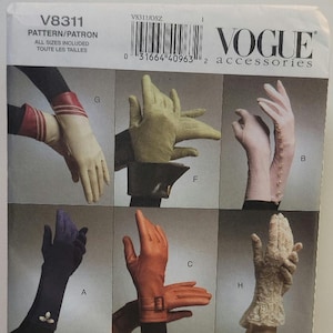 May include: Vogue V8311 sewing pattern envelope for accessories featuring nine variations of gloves. Styles include leather gloves with cuffs, button-down wrist details, lace textures, decorative bows, and faux fur trim in various colors.