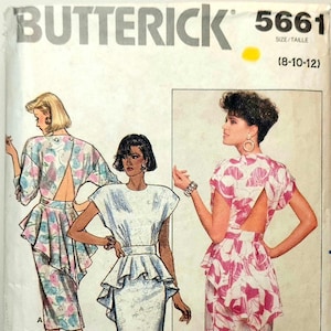Butterick 5666 Sukienka z baskinką w stylu lat 80., wykrój do szycia, rozmiar 8 10 12, wstępnie wycięta, kompletna