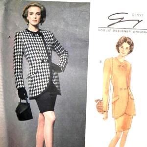 May include: A Vogue Designer Original sewing pattern envelope for Genny design 2934, featuring illustrations of a two-piece suit with a long-line jacket and skirt. The pattern includes options for a houndstooth print jacket and a solid color suit.