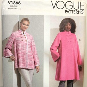 May include: Vogue Patterns V1866 sewing pattern envelope featuring two jacket designs. View A is a pink tweed jacket with a white trim and gold buttons. View B is a solid pink coat with a high collar and matching fabric buttons. Sizes A5 6-8-10-12-14.