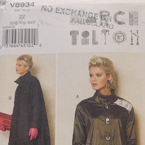 May include: A pattern for a long, dark coat with button closures and various graphic patches. The coat features a high collar and is shown on a model. The pattern includes the text "ROAD" and "BIG ROAD".