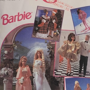 May include: A vintage Simplicity Crafts pattern featuring Barbie dolls in various outfits. The cover includes images of Barbie in wedding attire, skiing, and other themed ensembles. The pattern is marked "One Size" and includes the Barbie logo.
