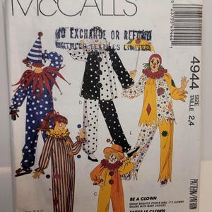 McCall's 4944 vintage sewing pattern clown costume jester harlequin Pierrot Size Small Medium Large PRE-CUT COMPLETE