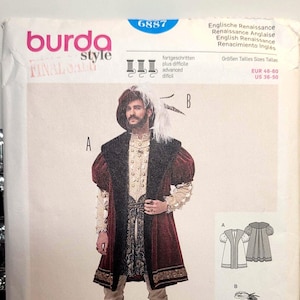 May include: A Burda Style sewing pattern envelope 6887 for an English Renaissance costume. The front shows a person wearing a dark red velvet coat with black fur trim, a light-colored patterned tunic, knee-length breeches, white stockings, and a hat.
