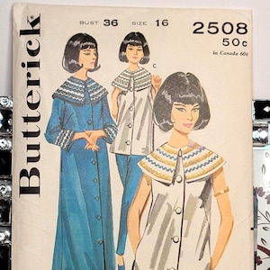 May include: A Butterick sewing pattern envelope 2508 for a button-front dress and tunic with a capelet collar. The illustration shows three variations of the garment in blue and white, with text including BUST 36, SIZE 16, and QUICK 'N EASY.