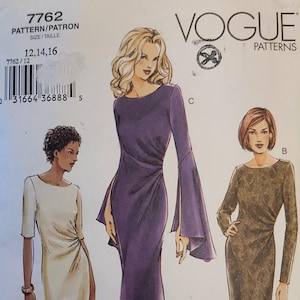 May include: Vogue Patterns sewing pattern featuring three dress designs. The pattern number is 7762, with sizes 12, 14, and 16. The image shows illustrations of a white dress, a purple dress with flared sleeves, and a brown dress.
