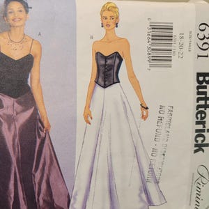 Cartamodello vintage Butterick 6391 – abito da sera con spalline e corpetto a corsetto, taglie 18-20-22, pretagliato e completo.
