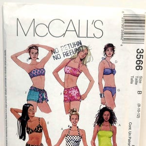 Könnte beinhalten: McCall's 3566 Schnittmusterumschlag für Badebekleidung mit Illustrationen von sechs verschiedenen Bikini- und Tankini-Stilen mit verschiedenen Mustern wie Leopardenmuster, Punkten, Blumen und Unifarben, gekennzeichnet mit den Größen 8-10-12.