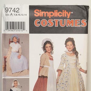 Colonial costume sewing pattern Simplicity 9742 vintage Girls pilgrim Halloween Size 7-8-10-12-14 Uncut Factory Folded