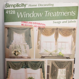 Simplicity Home Decorating 4128 Swag Jabot Valance Curtain Pattern Fits 27-85in Windows One Size Uncut Factory Folded