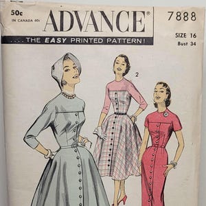 Advance 7888 Size 16 Button Front Day Dress Pattern Full or Slim Skirt Round Neck Uncut Factory Folded