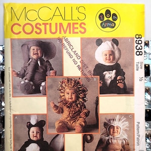 Animal costume sewing pattern McCalls 8938 Tom Arma Baby lion elephant panda Halloween Size 1 /2 Pre-Cut Complete