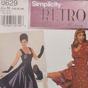 Patrón de vestido estilo años 50 – Simplicity 8629, vestido retro estilo swing, tallas 10, 12 y 14, sin cortar.