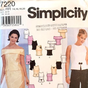 May include: Simplicity pattern 7220 for women's formal wear, including tops, skirts, and trousers. The cover displays two women in the outfits. Pattern sizes are 14, 16, 18, and 20. Measurements are EUR 40-46 and FR 42-48.