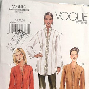 Vogue V7854 Misses Tunic 3 Lengths Bell Sleeve Stand Collar Plus Size 20-22-24 Uncut Factory Folded
