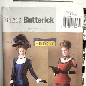 Może przedstawiać: Wykrój krawiecki Butterick B4212 dla odzieży historycznej w rozmiarach 18, 20 i 22. Koperta przedstawia dwa stroje: ciemnoniebieski zestaw żakietu i spódnicy z białym kołnierzykiem oraz suknię do ziemi w kolorze rdzy z czarnym wykończeniem.