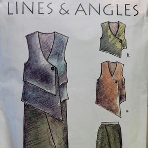 May include: A sewing pattern titled "LINES & ANGLES" features illustrations of layered vests and a skirt. The designs are rendered in shades of green, blue, and brown, with a button closure detail. The pattern number is #319.