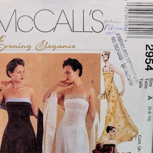 ストラップレスのイブニングドレス型紙 – ヴィンテージ McCalls 2954 イブニングエレガンスドレスとストール、サイズ 6～10 プレカット済み