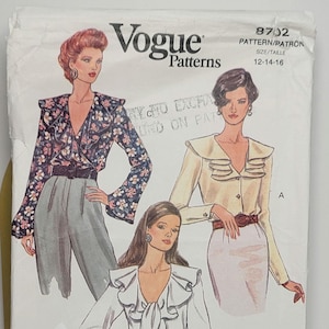 Vogue 8702 Ruffle Collar Wrap Blouse Tie Neck 1993 Size 12 14 16 UNCUT Factory Folded