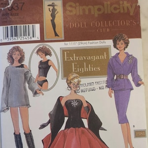 May include: Simplicity Doll Collector's Club pattern for 11 1/2" (29cm) fashion dolls. The pattern features illustrations of 1980s era clothing designs, including a dress, suit, and off-the-shoulder top. The pattern is labeled "Extravagant Eighties."